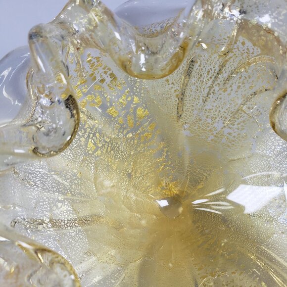Small Ruffled 6 Lobed Golden Cased Art Glass Bowl with Silver Aventurine Flecks - Picture 6 of 10